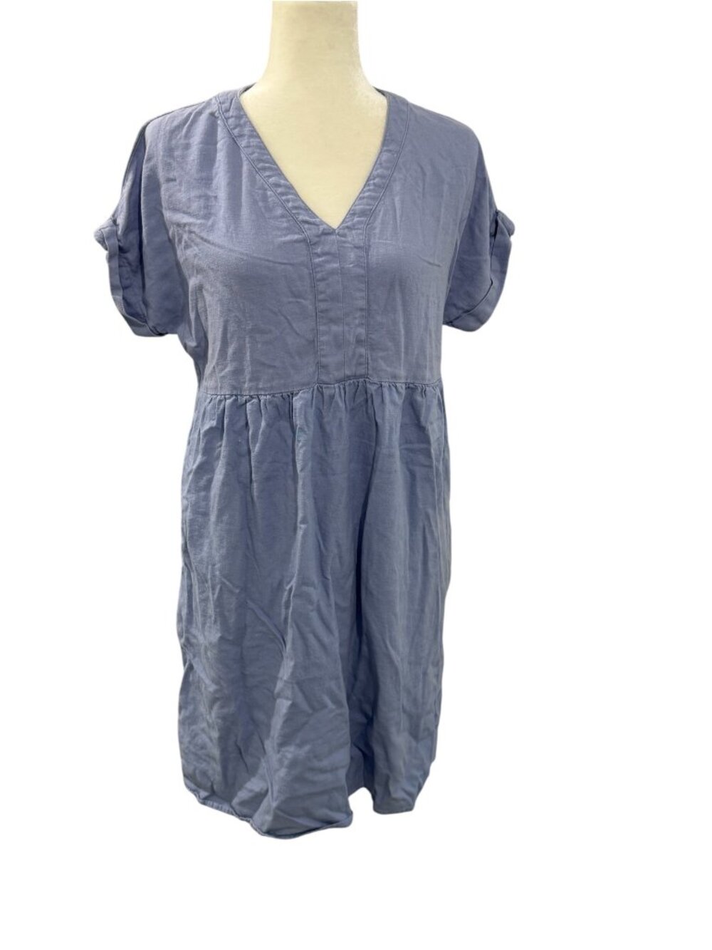 Briggs New York Blue Linen Blend V Neck Tie Sleeve Dress S